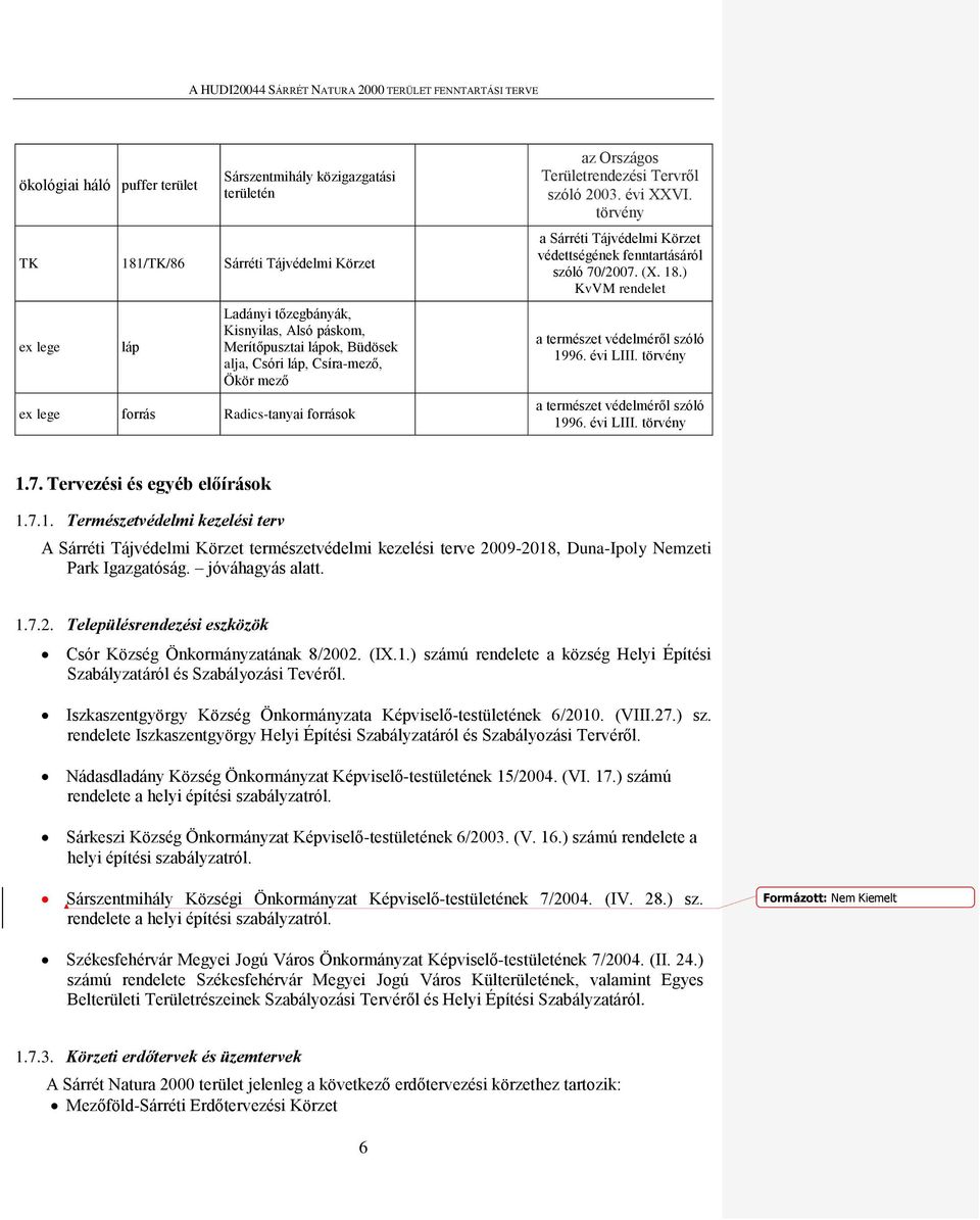 törvény a Sárréti Tájvédelmi Körzet védettségének fenntartásáról szóló 70/2007. (X. 18.) KvVM rendelet a természet védelméről szóló 1996. évi LIII. törvény a természet védelméről szóló 1996. évi LIII. törvény 1.