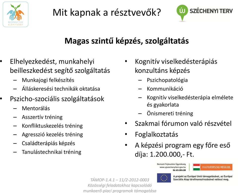 Pszicho-szociális szolgáltatások Mentorálás Asszertív tréning Konfliktuskezelés tréning Agresszió kezelés tréning Családterápiás képzés Tanulástechnikai