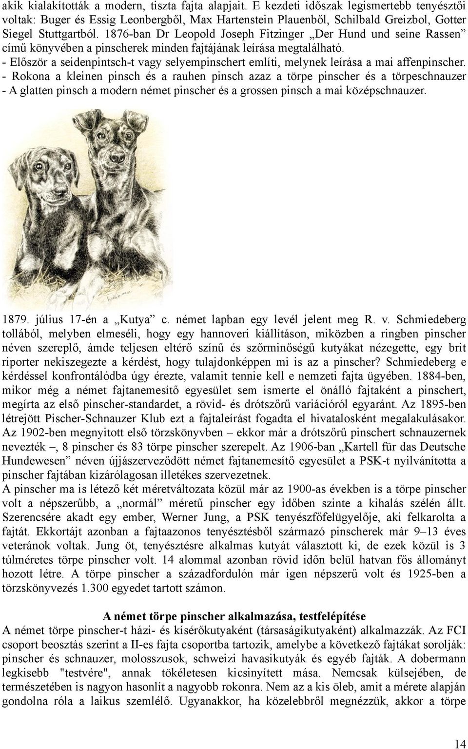 1876-ban Dr Leopold Joseph Fitzinger Der Hund und seine Rassen című könyvében a pinscherek minden fajtájának leírása megtalálható.