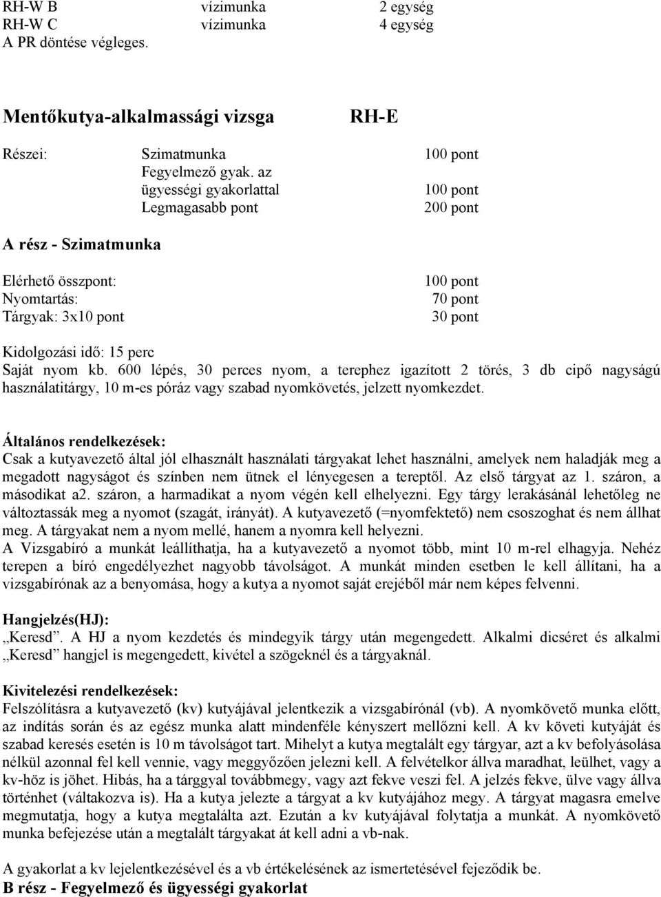 600 lépés, 30 perces nyom, a terephez igazított 2 törés, 3 db cipő nagyságú használatitárgy, 10 m-es póráz vagy szabad nyomkövetés, jelzett nyomkezdet.