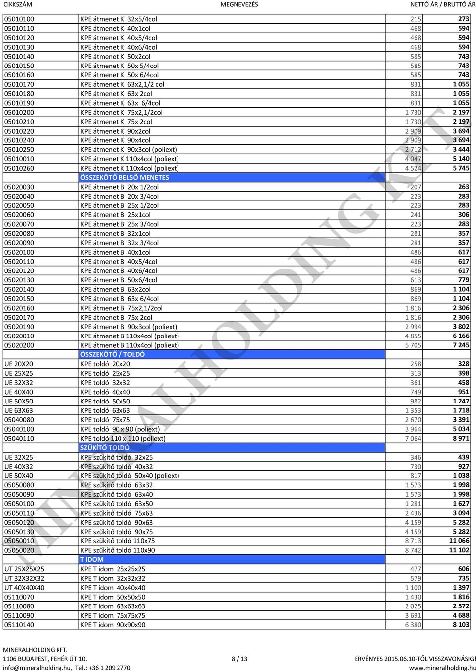 63x 6/4col 831 1 055 05010200 KPE átmenet K 75x2,1/2col 1 730 2 197 05010210 KPE átmenet K 75x 2col 1 730 2 197 05010220 KPE átmenet K 90x2col 2 909 3 694 05010240 KPE átmenet K 90x4col 2 909 3 694