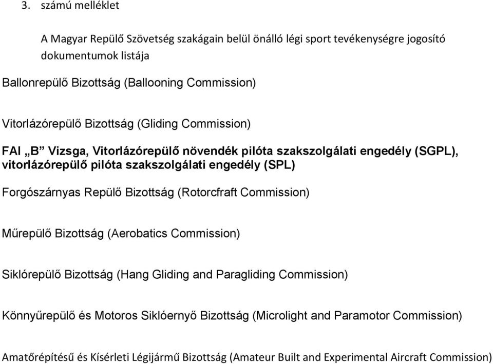 (SPL) Forgószárnyas Repülő Bizottság (Rotorcfraft Commission) Műrepülő Bizottság (Aerobatics Commission) Siklórepülő Bizottság (Hang Gliding and Paragliding Commission)