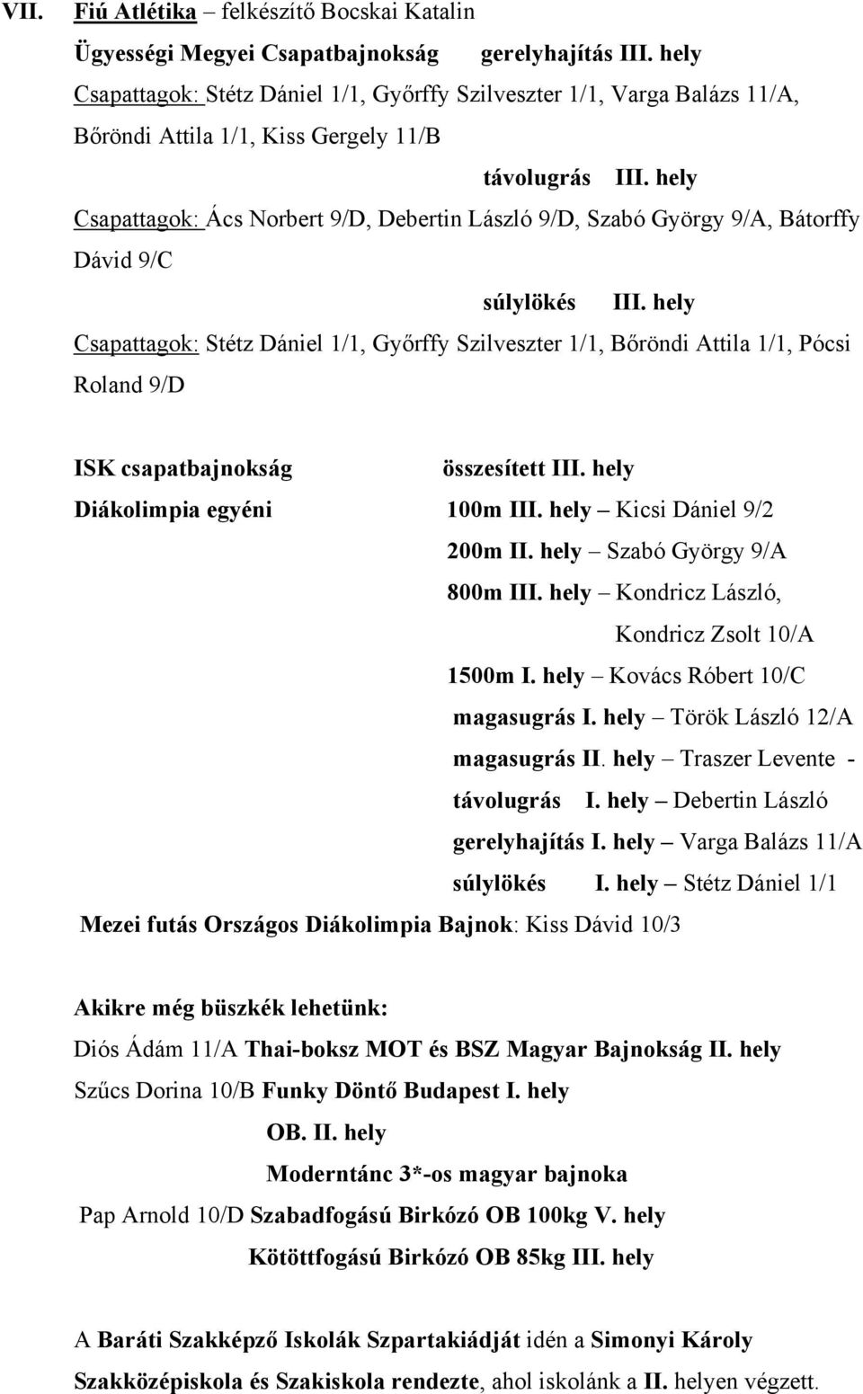 hely Csapattagok: Ács Norbert 9/D, Debertin László 9/D, Szabó György 9/A, Bátorffy Dávid 9/C súlylökés III.