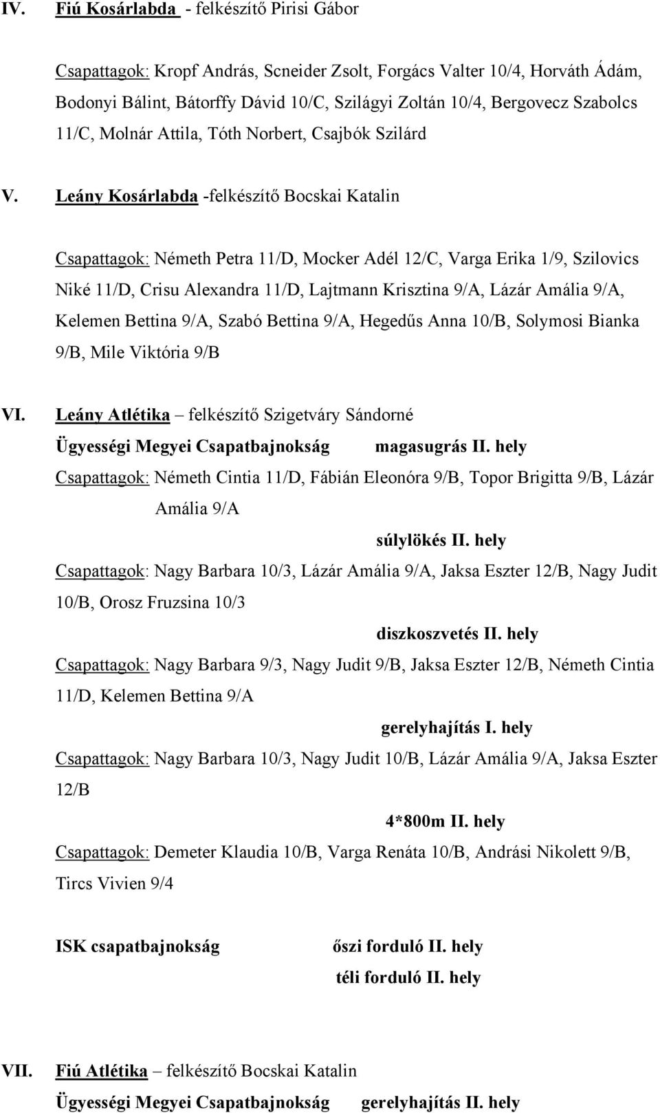 Leány Kosárlabda -felkészítő Bocskai Katalin Csapattagok: Németh Petra 11/D, Mocker Adél 12/C, Varga Erika 1/9, Szilovics Niké 11/D, Crisu Alexandra 11/D, Lajtmann Krisztina 9/A, Lázár Amália 9/A,