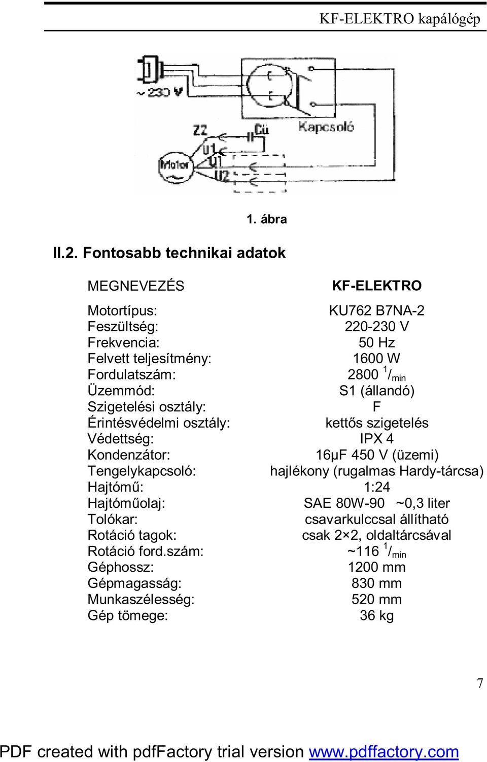 Fordulatszám: 2800 1 / min Üzemmód: S1 (állandó) Szigetelési osztály: F Érintésvédelmi osztály: kettős szigetelés Védettség: IPX 4 Kondenzátor: 16µF