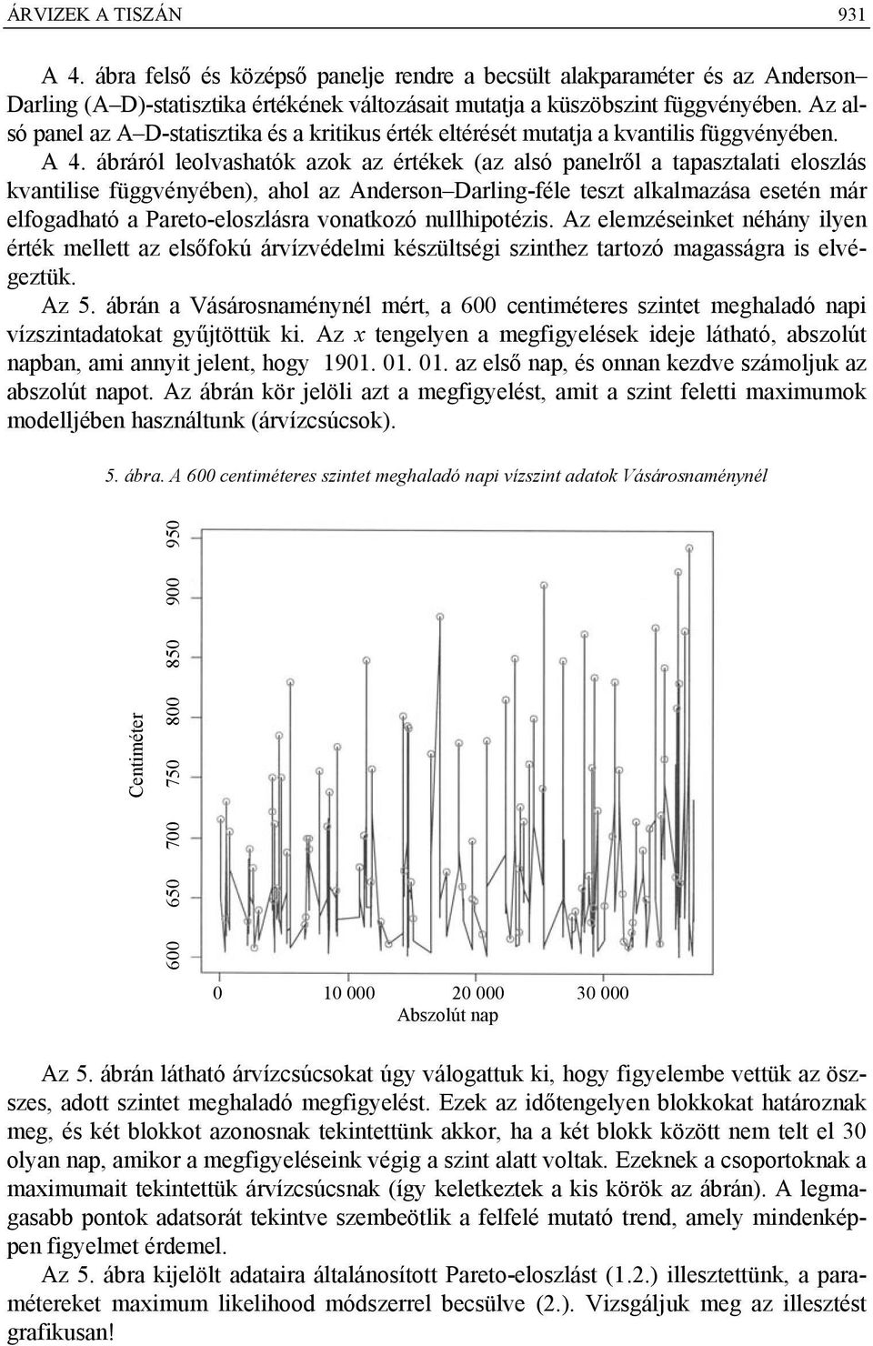 ábráról leolvashatók azok az értékek (az alsó panelről a tapasztalati eloszlás kvantilise függvényében), ahol az Anderson Darling-féle teszt alkalmazása esetén már elfogadható a Pareto-eloszlásra