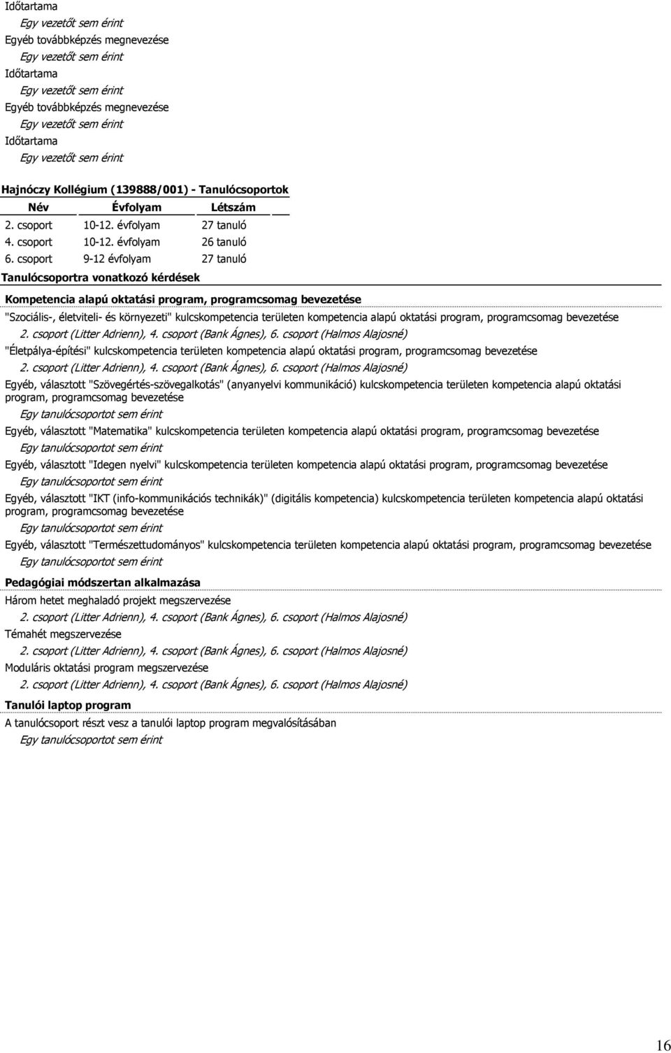 csoport (Litter Adrienn), 4. csoport (Bank Ágnes), 6. csoport (Halmos Alajosné) "Életpálya-építési" kulcskompetencia területen kompetencia alapú oktatási 2. csoport (Litter Adrienn), 4.