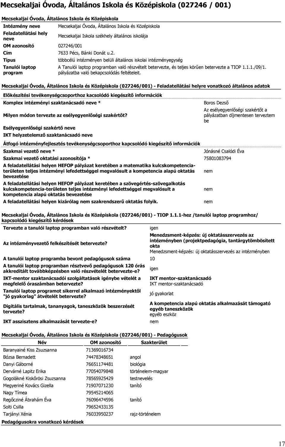 többcélú intézményen belüli általános iskolai intézményegység A Tanulói laptop programban való részvételt betervezte, és teljes körően betervezte a TIOP 1.1.1./09/1.