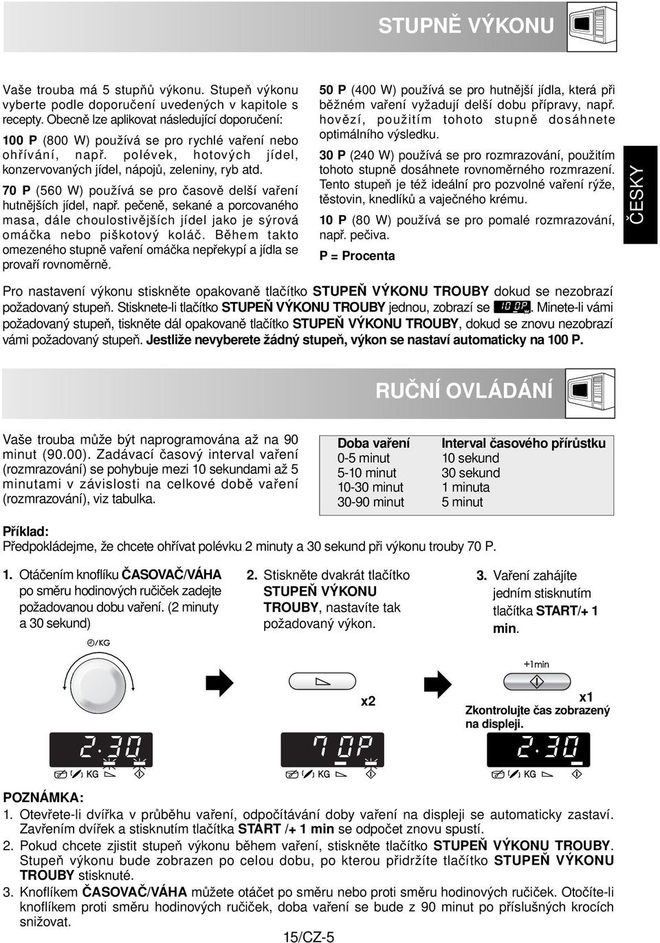 70 P (560 W) používá se pro časově delší vaření hutnějších jídel, např. pečeně, sekané a porcovaného masa, dále choulostivějších jídel jako je sýrová omáčka nebo piškotový koláč.