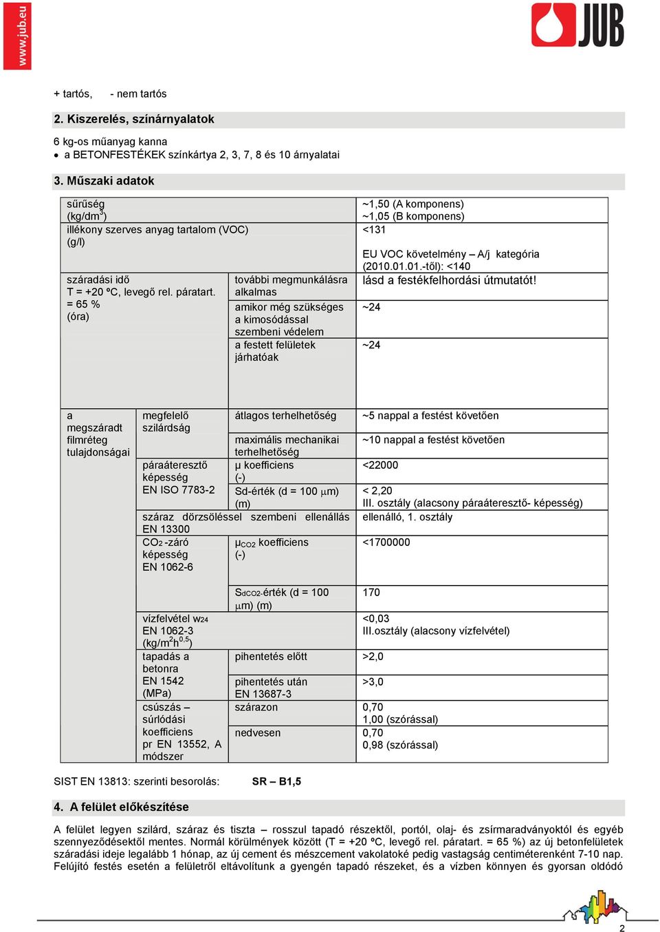 = 65 % (óra) további megmunkálásra alkalmas amikor még szükséges a kimosódással szembeni védelem a festett felületek járhatóak ~1,50 (A komponens) ~1,05 (B komponens) <131 EU VOC követelmény A/j