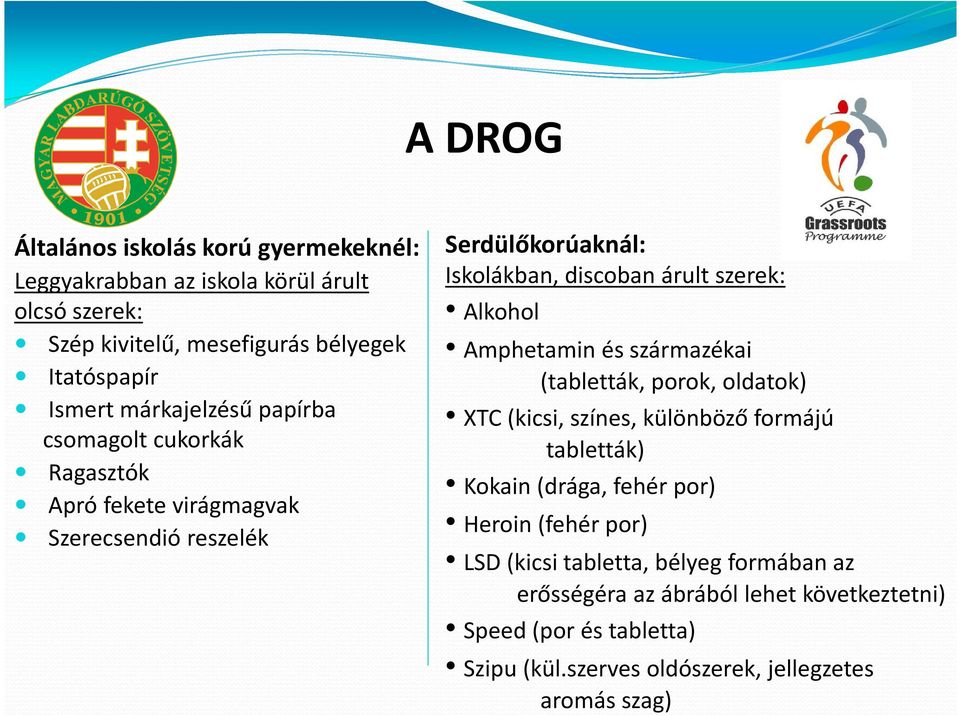 Alkohol Amphetamin és származékai (tabletták, porok, oldatok) XTC (kicsi, színes, különböző formájú tabletták) Kokain (drága, fehér por) Heroin (fehér