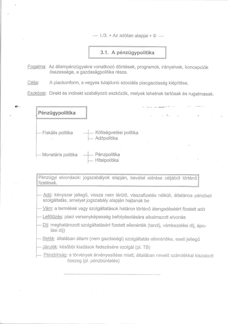 Pénzügypolitika Fiskális politika - Költségvetési politika Adópolitika Monetáris politika - Pénzpolitika Hitelpolitika Pénzügyi elvonások: jogszabályok aiapján, bevétel elérése céljából történő