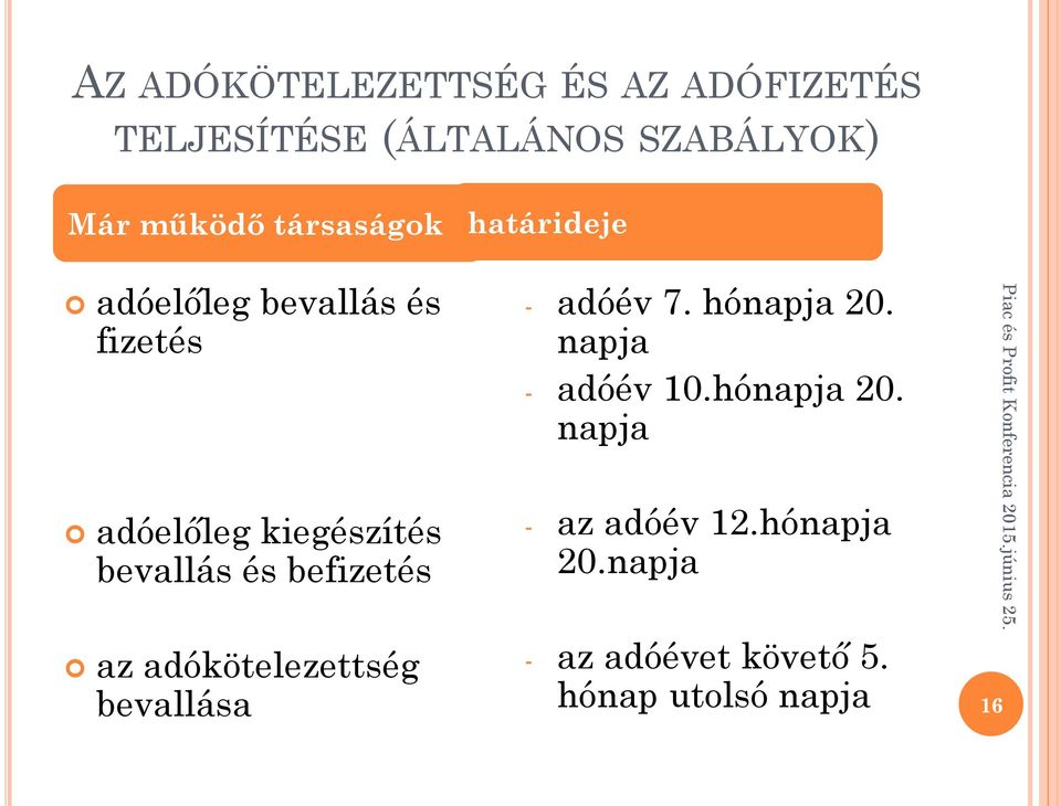 az adókötelezettség bevallása határideje - adóév 7. hónapja 20. napja - adóév 10.