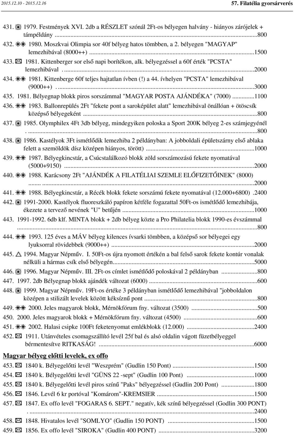 ) a 44. ívhelyen "PCSTA" lemezhibával (9000++)....3000 435. 1981. Bélyegnap blokk piros sorszámmal "MAGYAR POSTA AJÁNDÉKA" (7000)...1100 436. 1983.