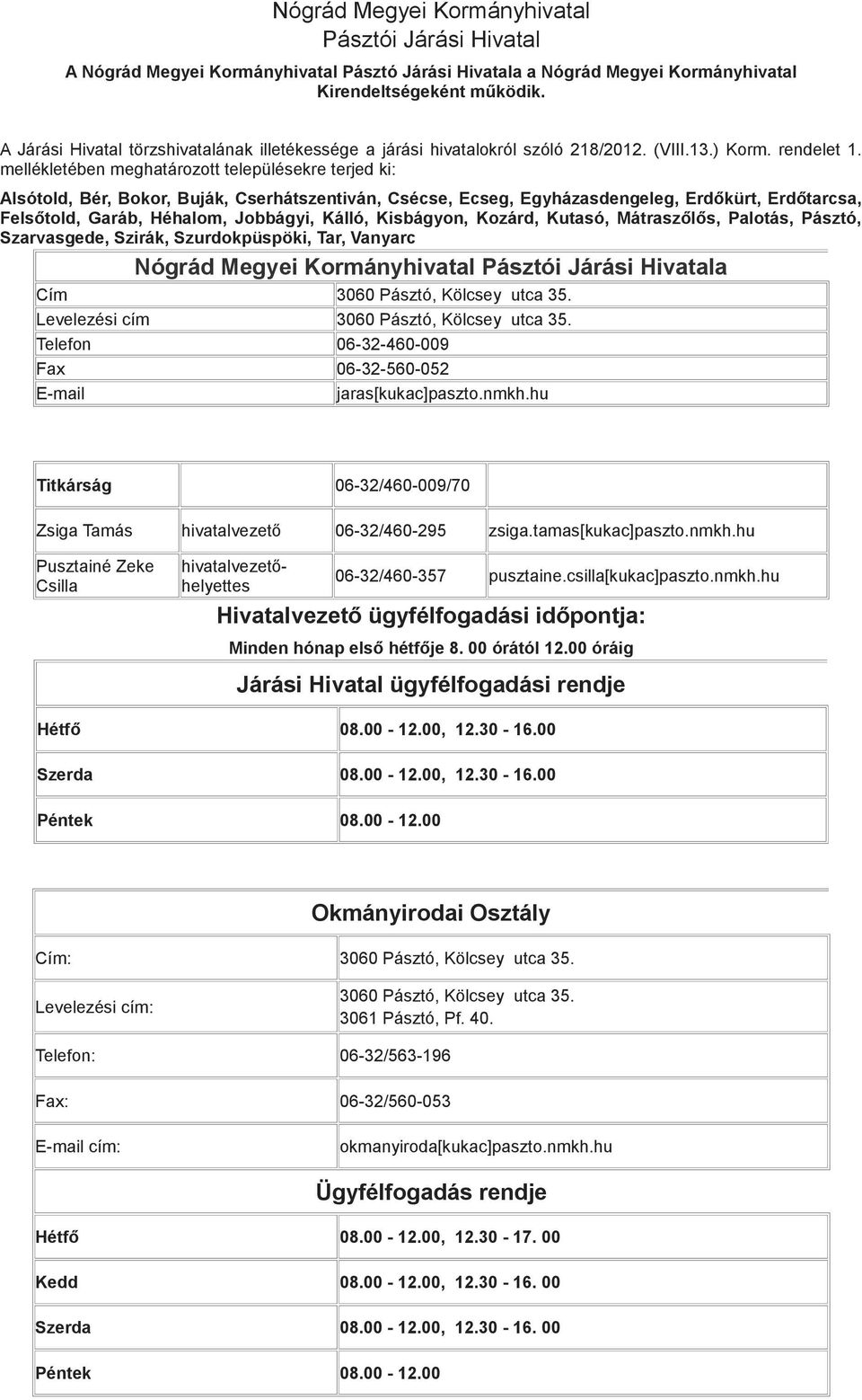 mellékletében meghatározott településekre terjed ki: Alsótold, Bér, Bokor, Buják, Cserhátszentiván, Csécse, Ecseg, Egyházasdengeleg, Erdőkürt, Erdőtarcsa, Felsőtold, Garáb, Héhalom, Jobbágyi, Kálló,