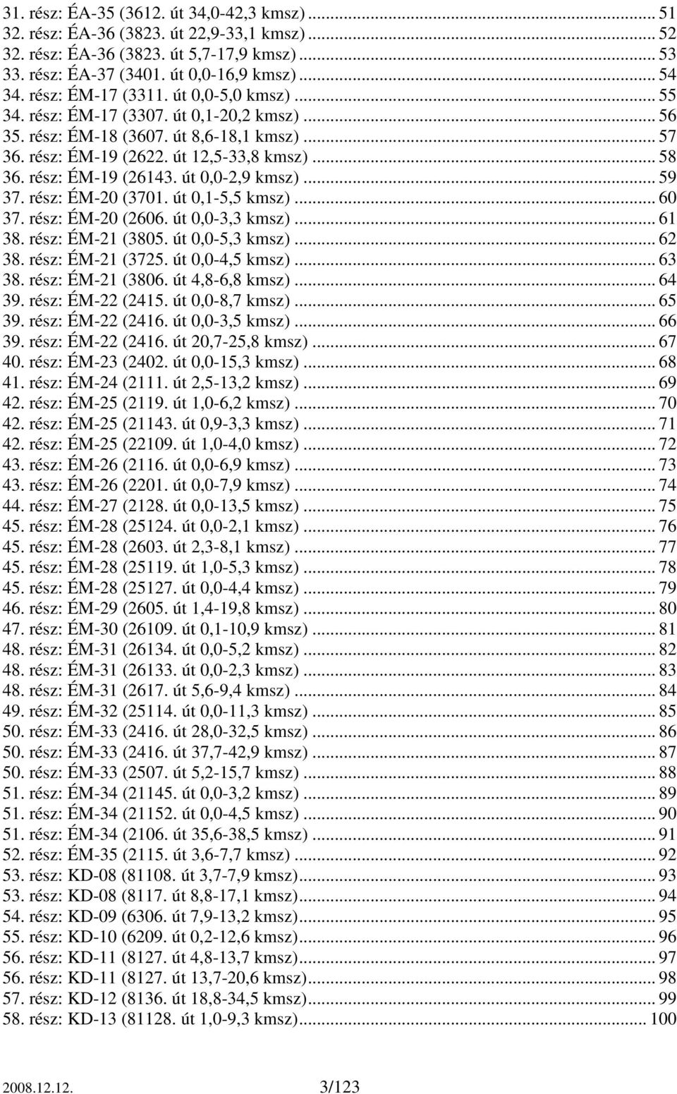 rész: ÉM-19 (26143. út 0,0-2,9 kmsz)... 59 37. rész: ÉM-20 (3701. út 0,1-5,5 kmsz)... 60 37. rész: ÉM-20 (2606. út 0,0-3,3 kmsz)... 61 38. rész: ÉM-21 (3805. út 0,0-5,3 kmsz)... 62 38.