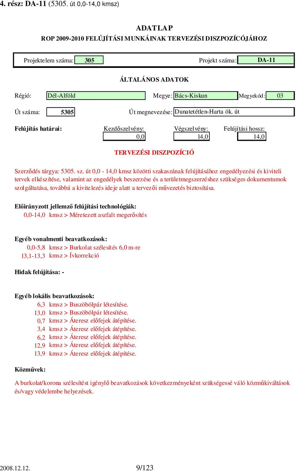 út 0,0-14,0 kmsz közötti szakaszának felújításához engedélyezési és kiviteli tervek elkészítése, valamint az engedélyek beszerzése és a területmegszerzéshez szükséges dokumentumok szolgáltatása,