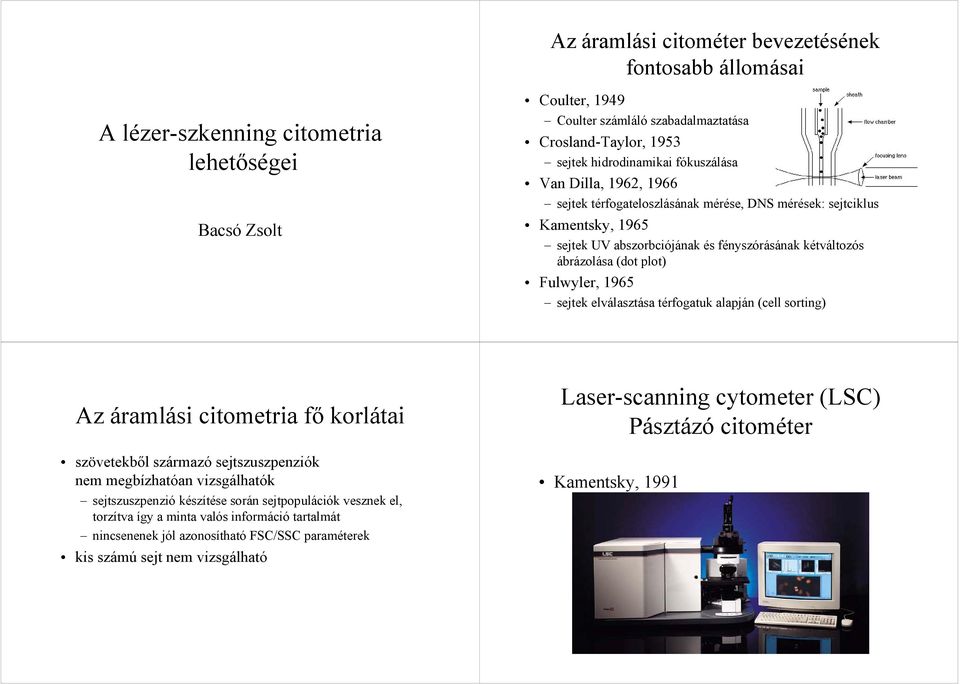 plot) Fulwyler, 1965 sejtek elválasztása térfogatuk alapján (cell sorting) Az áramlási citometria fő korlátai szövetekből származó sejtszuszpenziók nem megbízhatóan vizsgálhatók sejtszuszpenzió