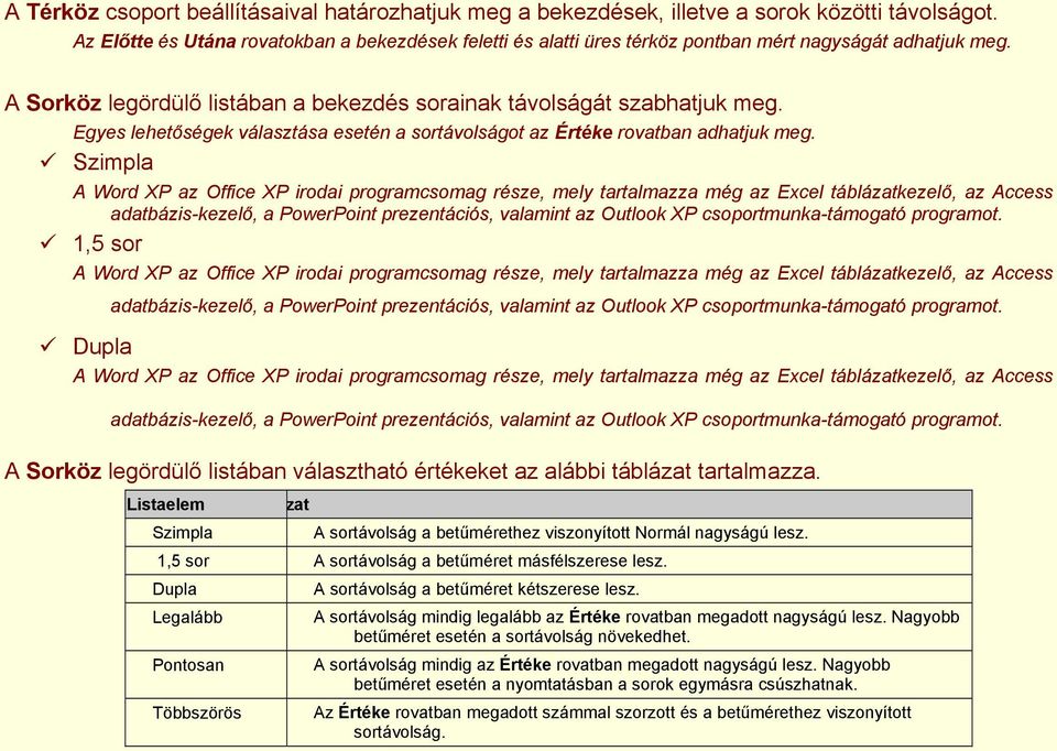 Egyes lehetőségek választása esetén a sortávolságot az Értéke rovatban adhatjuk meg.