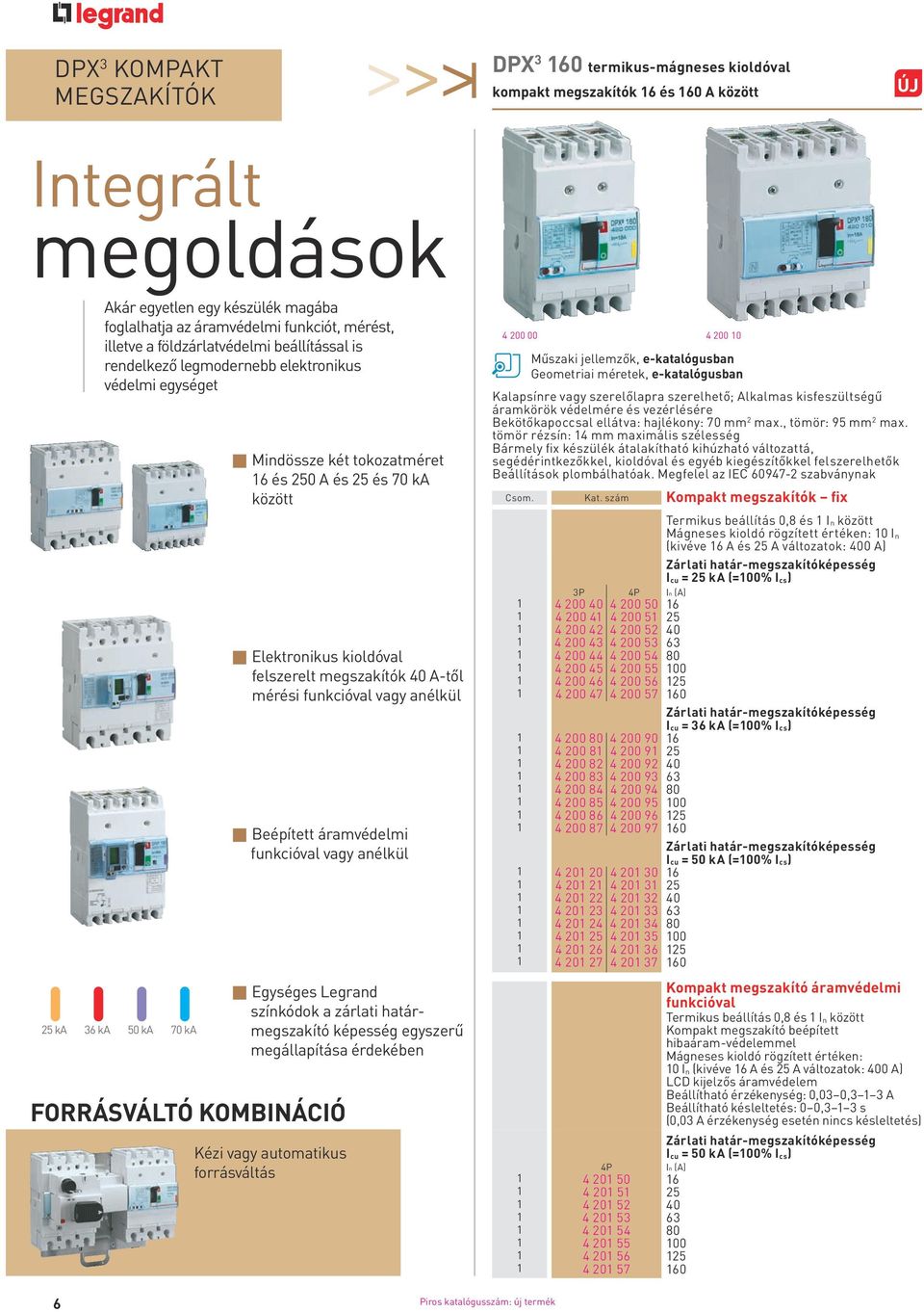 áramvédelmi funkcióval vagy anélkül Forrásváltó kombináció p Elektronikus kioldóval felszerelt megszakítók 40 A-től mérési funkcióval vagy anélkül p Egységes Legrand színkódok a zárlati