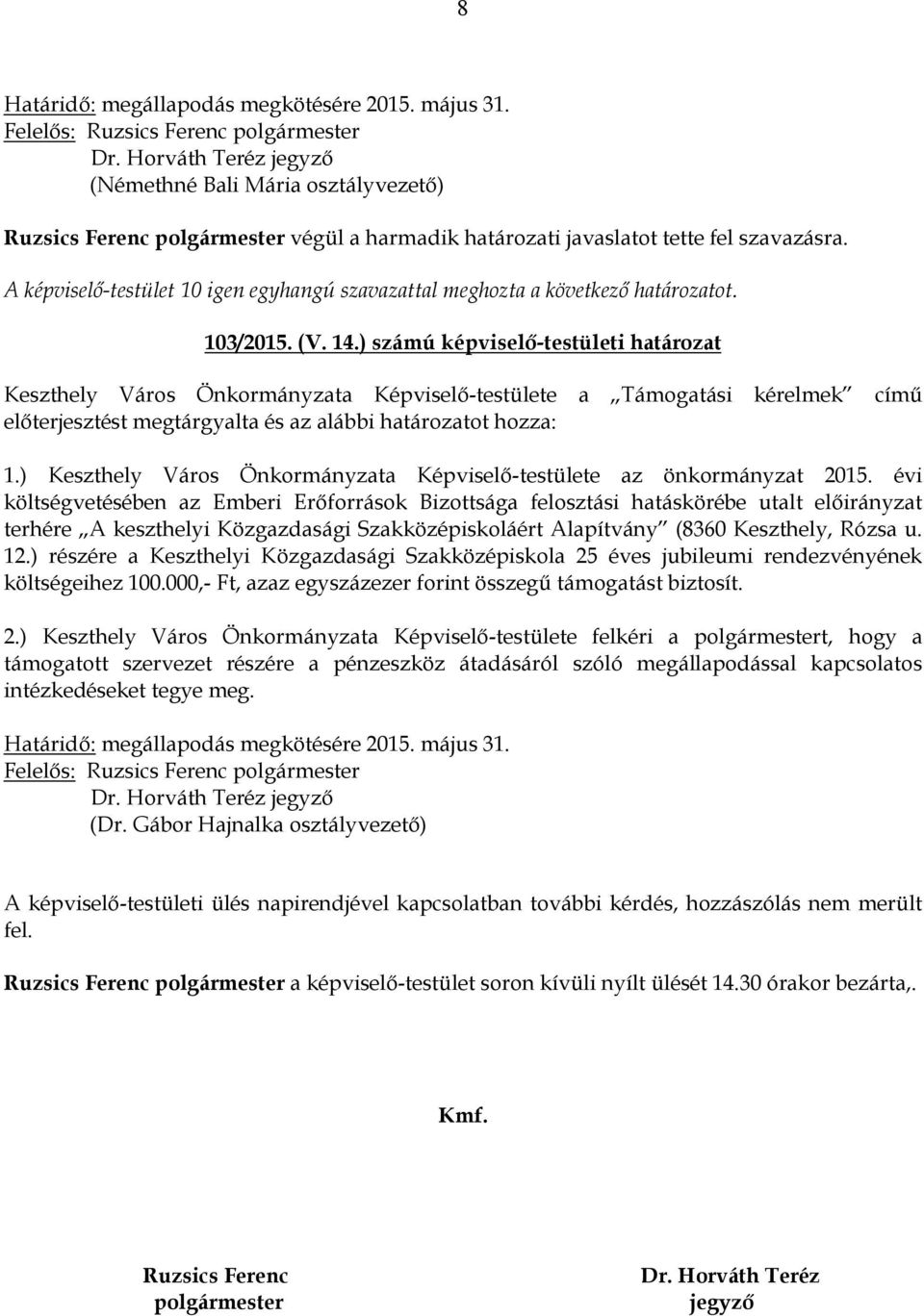 ) Keszthely Város Önkormányzata Képviselő-testülete az önkormányzat 2015.