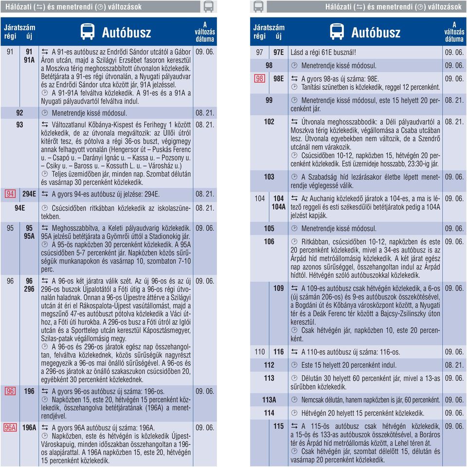 92 93 Változatlanul Kôbánya-Kispest és Ferihegy 1 között közlekedik, de az vonala megváltozik: az Üllôi ról kitérôt tesz, és pótolva a régi 36-os buszt, végigmegy annak felhagyott vonalán (Hengersor