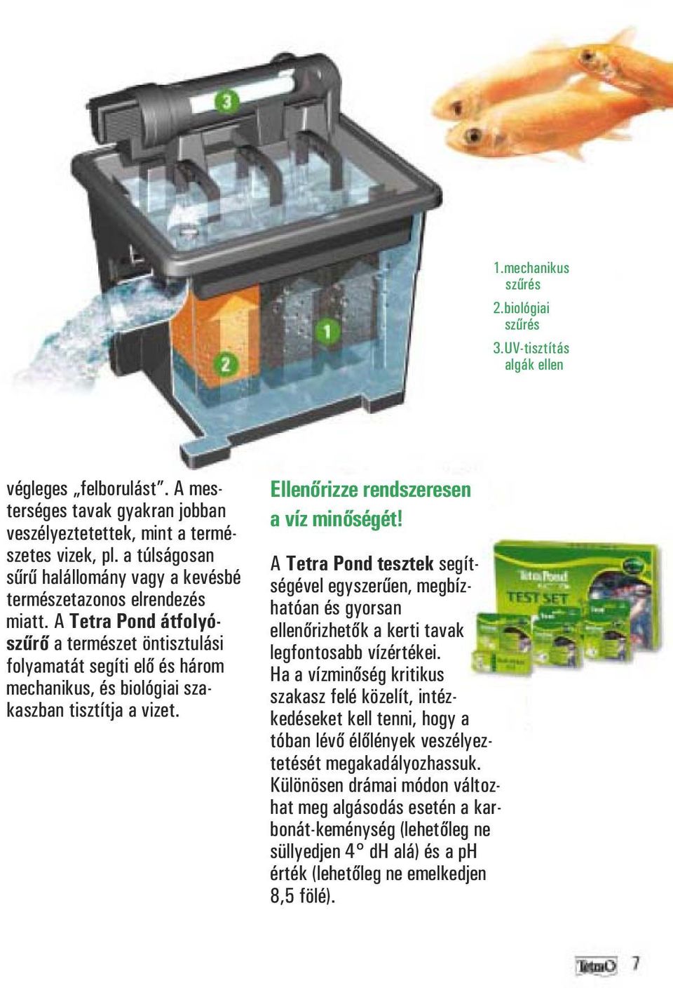 A Tetra Pond átfolyószűrő a természet öntisztulási folyamatát segíti elő és három mechanikus, és biológiai szakaszban tisztítja a vizet. Ellenőrizze rendszeresen a víz minőségét!