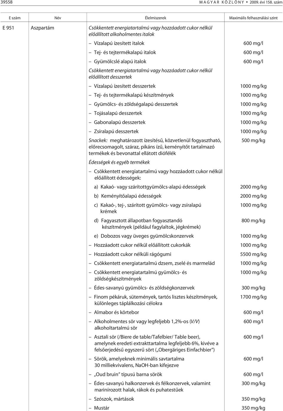 Tej- és tejtermékalapú italok 600 mg/l Gyümölcslé alapú italok 600 mg/l Csökkentett energiatartalmú vagy hozzáadott cukor nélkül elõállított desszertek Vízalapú ízesített desszertek 1000 mg/kg Tej-