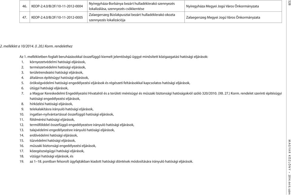 Jogú Város Önkormányzata Zalaegerszeg Megye Jogú Város Önkormányzata Az 1. mellékletben foglalt beruházásokkal összefüggő kemelt jelentőségű üggyé mnősített közgazgatás hatóság eljárások: 1.