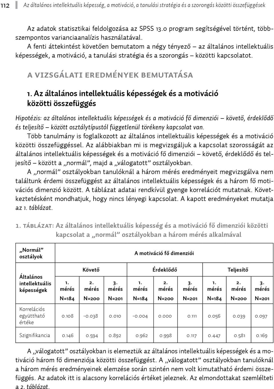 A vizsgálati eredmények bemutatása Az általános intellektuális képességek és a motiváció közötti összefüggés Hipotézis: az általános intellektuális képességek és a motiváció fő dimenziói követő,