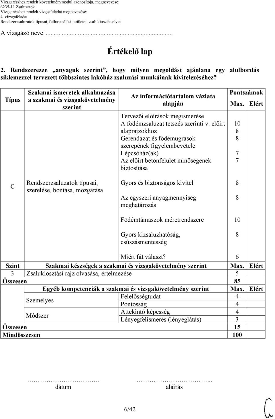 előírt alaprajzokhoz Gerendázat és födémugrások szerepének figyelembevétele Lépcsőház(ak) Az előírt betonfelület minőségének biztosítása Pontszámok Max.