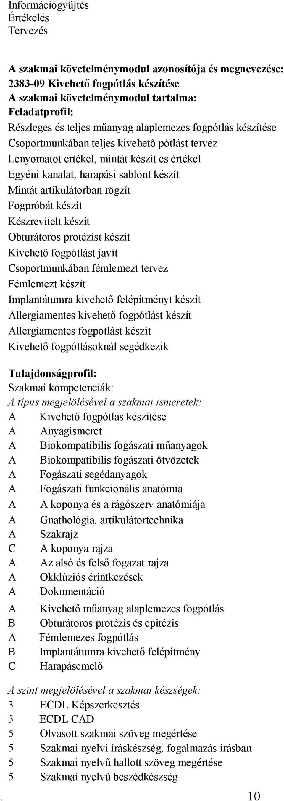 rögzít Fogpróbát készít Készrevitelt készít Obturátoros protézist készít Kivehető fogpótlást javít Csoportmunkában fémlemezt tervez Fémlemezt készít Implantátumra kivehető felépítményt készít