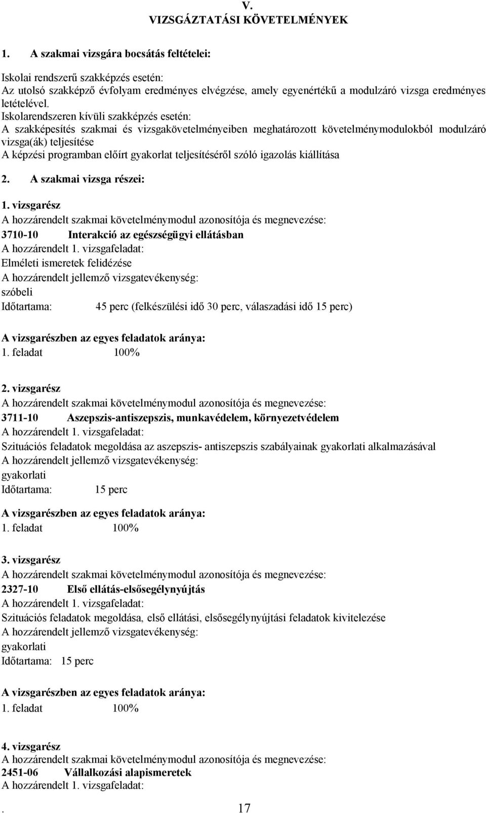 Iskolarendszeren kívüli szakképzés esetén: szakképesítés szakmai és vizsgakövetelményeiben meghatározott követelménymodulokból modulzáró vizsga(ák) teljesítése képzési programban előírt gyakorlat