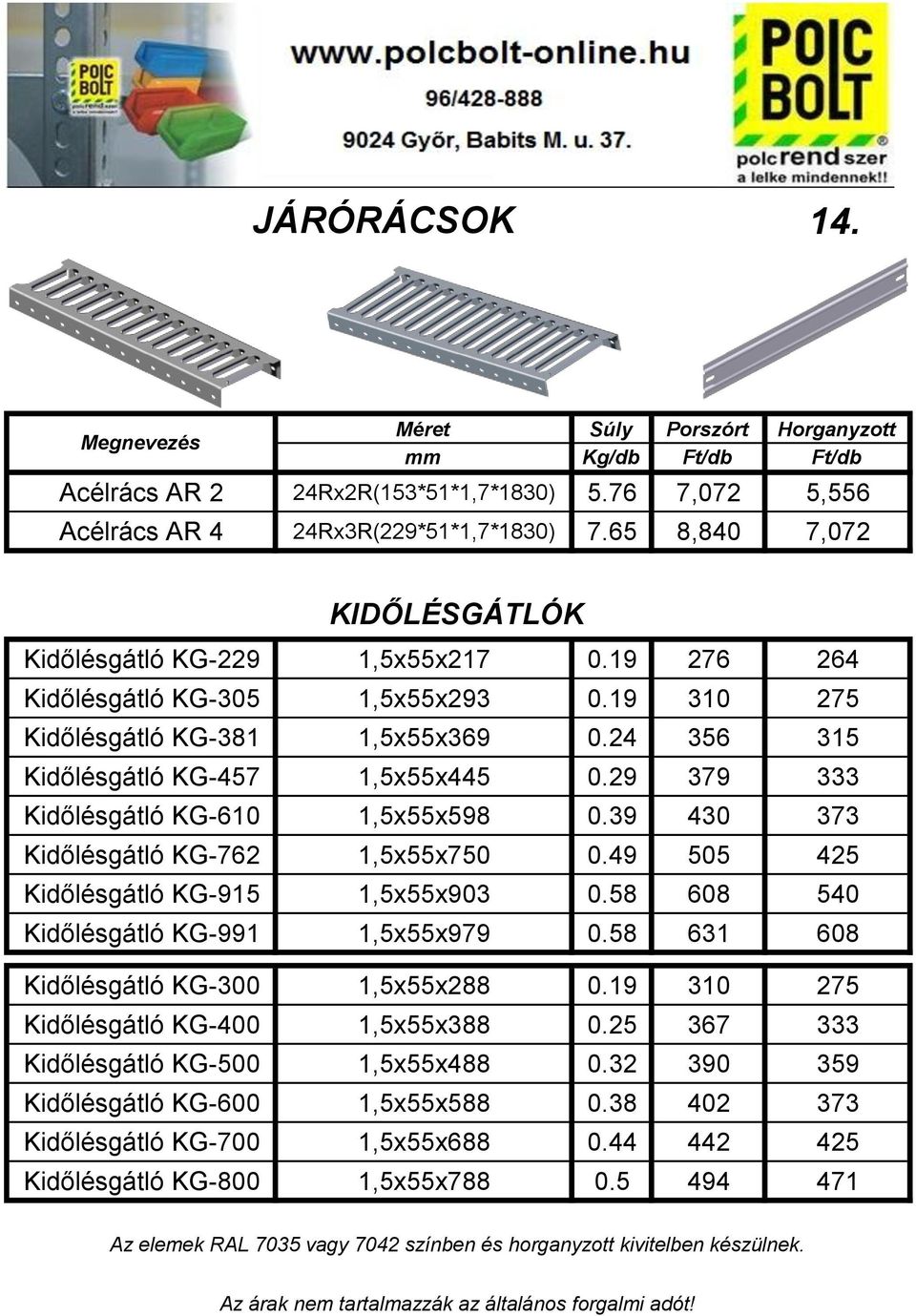 29 379 333 Kidőlésgátló KG-610 1,5x55x598 0.39 430 373 Kidőlésgátló KG-762 1,5x55x750 0.49 505 425 Kidőlésgátló KG-915 1,5x55x903 0.58 608 540 Kidőlésgátló KG-991 1,5x55x979 0.