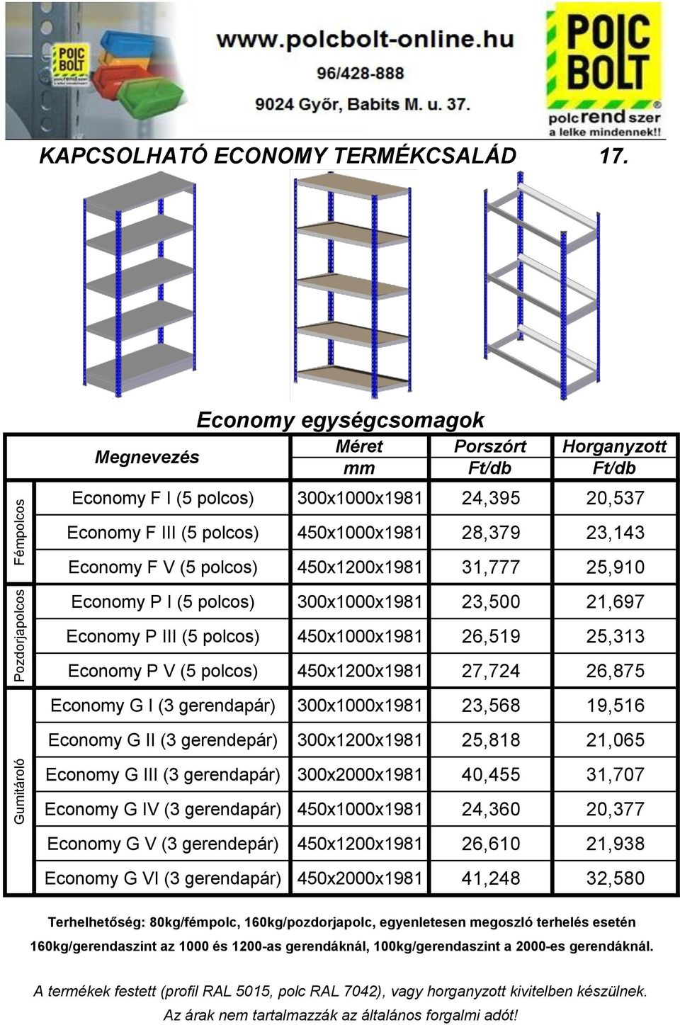 450x1200x1981 31,777 25,910 Economy P I (5 polcos) 300x1000x1981 23,500 21,697 Economy P III (5 polcos) 450x1000x1981 26,519 25,313 Economy P V (5 polcos) 450x1200x1981 27,724 26,875 Economy G I (3