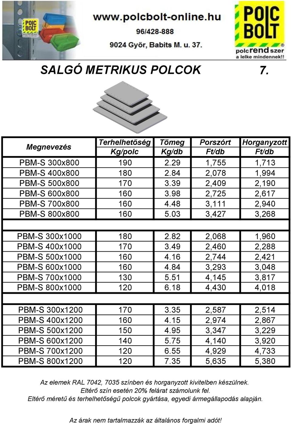 400x1200 PBM-S 500x1200 PBM-S 600x1200 PBM-S 700x1200 PBM-S 800x1200 Terhelhetőség Tömeg Porszórt Horganyzott Kg/polc Kg/db Ft/db Ft/db 190 2.29 1,755 1,713 180 2.84 2,078 1,994 170 3.