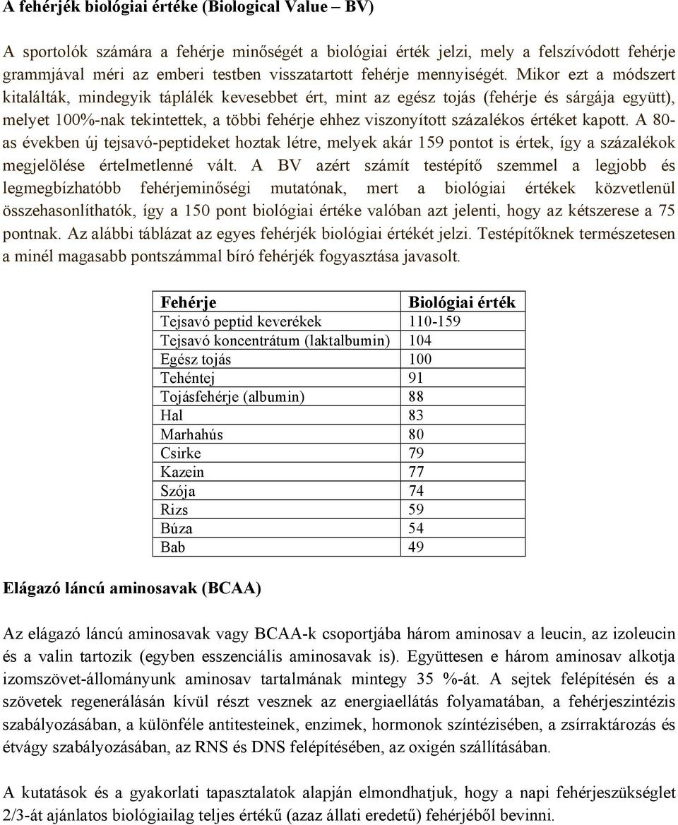 Mikor ezt a módszert kitalálták, mindegyik táplálék kevesebbet ért, mint az egész tojás (fehérje és sárgája együtt), melyet 100%-nak tekintettek, a többi fehérje ehhez viszonyított százalékos értéket