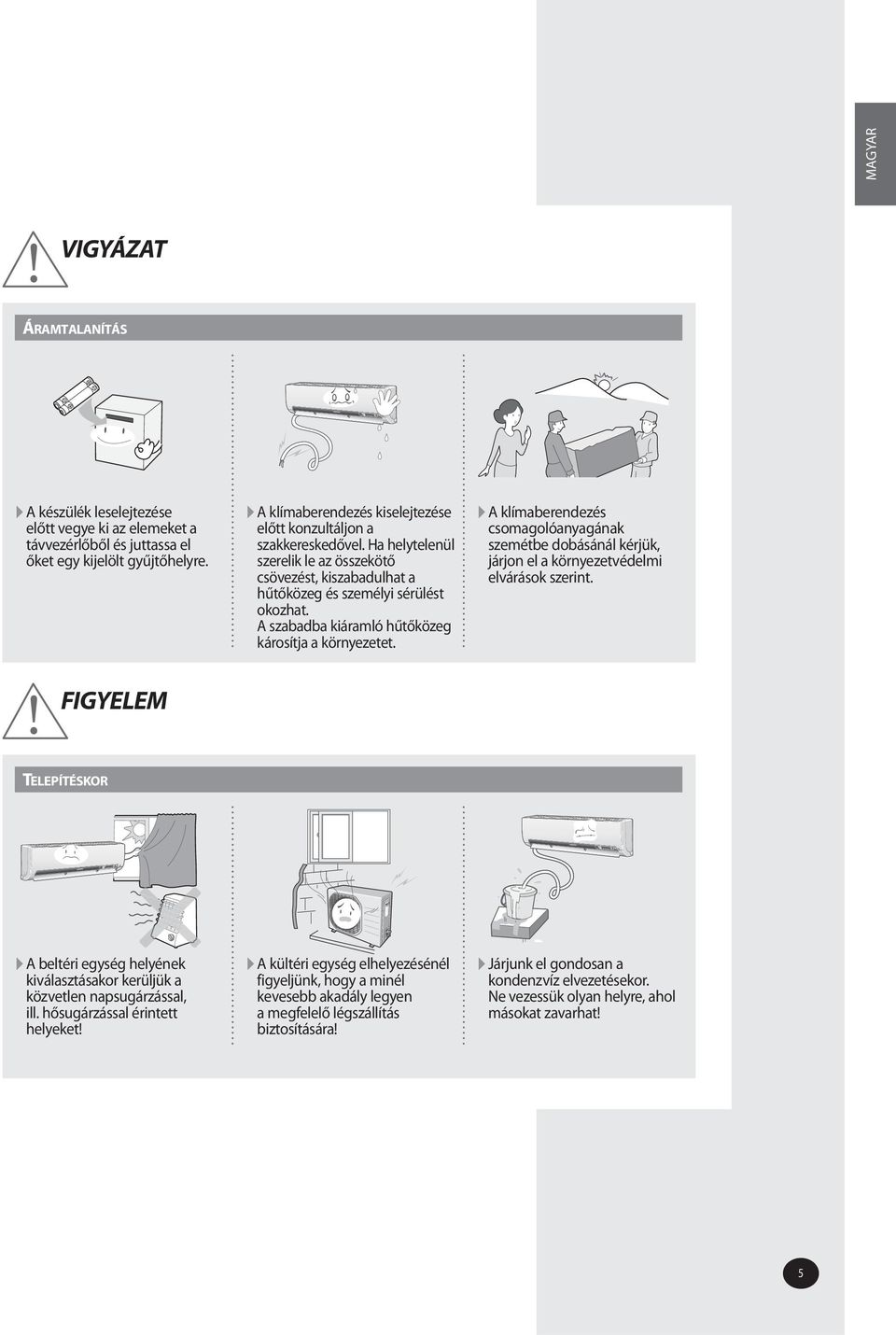 A szabadba kiáramló hűtőközeg károsítja a környezetet. A klímaberendezés csomagolóanyagának szemétbe dobásánál kérjük, járjon el a környezetvédelmi elvárások szerint.