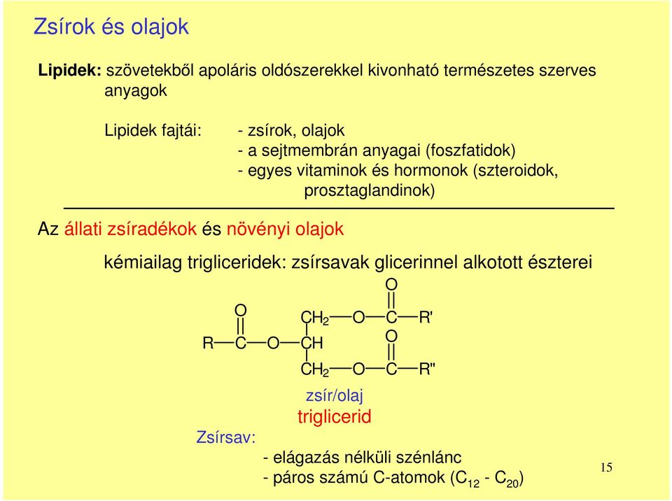 prosztaglandinok) Az állati zsíradékok és növényi olajok kémiailag trigliceridek: zsírsavak glicerinnel