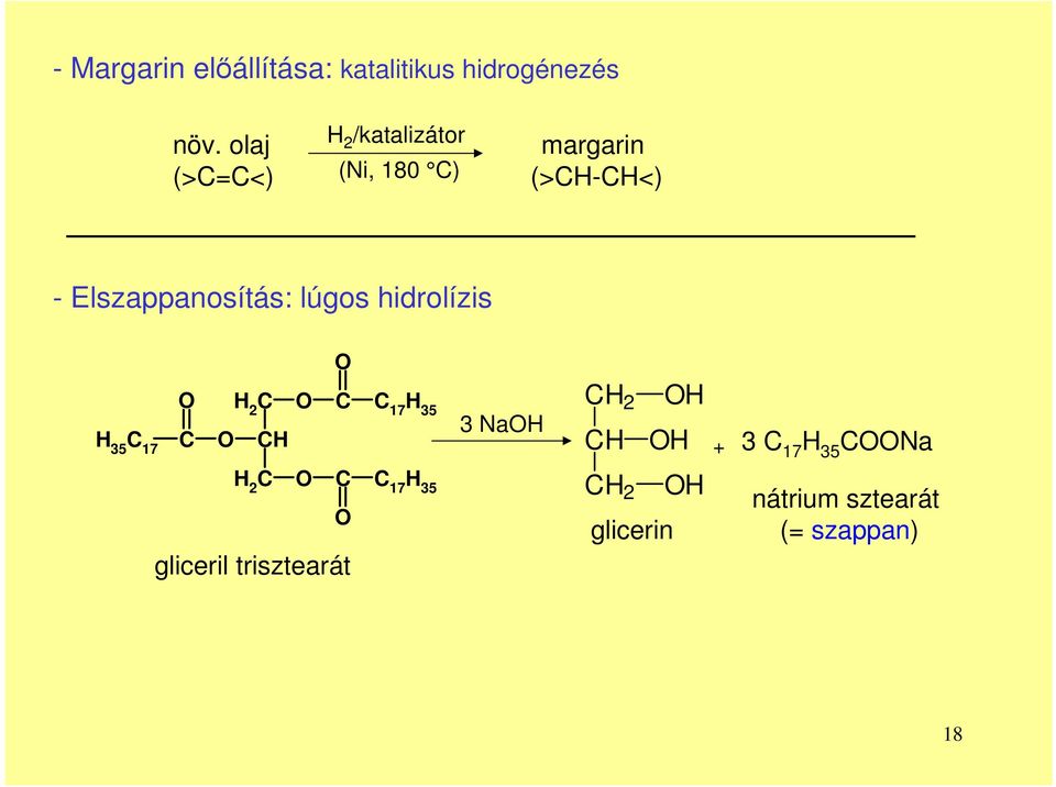 Elszappanosítás: lúgos hidrolízis H 35 17 H 2 H 17 H 35 3 NaH H 2 H H