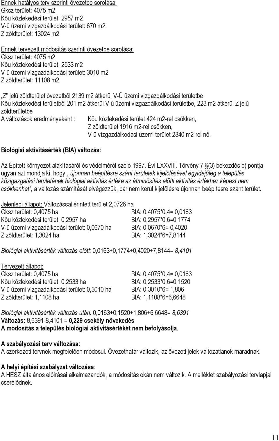 üzemi vízgazdálkodási területbe Köu közlekedési területből 201 m2 átkerül V-ü üzemi vízgazdálkodási területbe, 223 m2 átkerül Z jelű zöldterületbe A változások eredményeként : Biológiai
