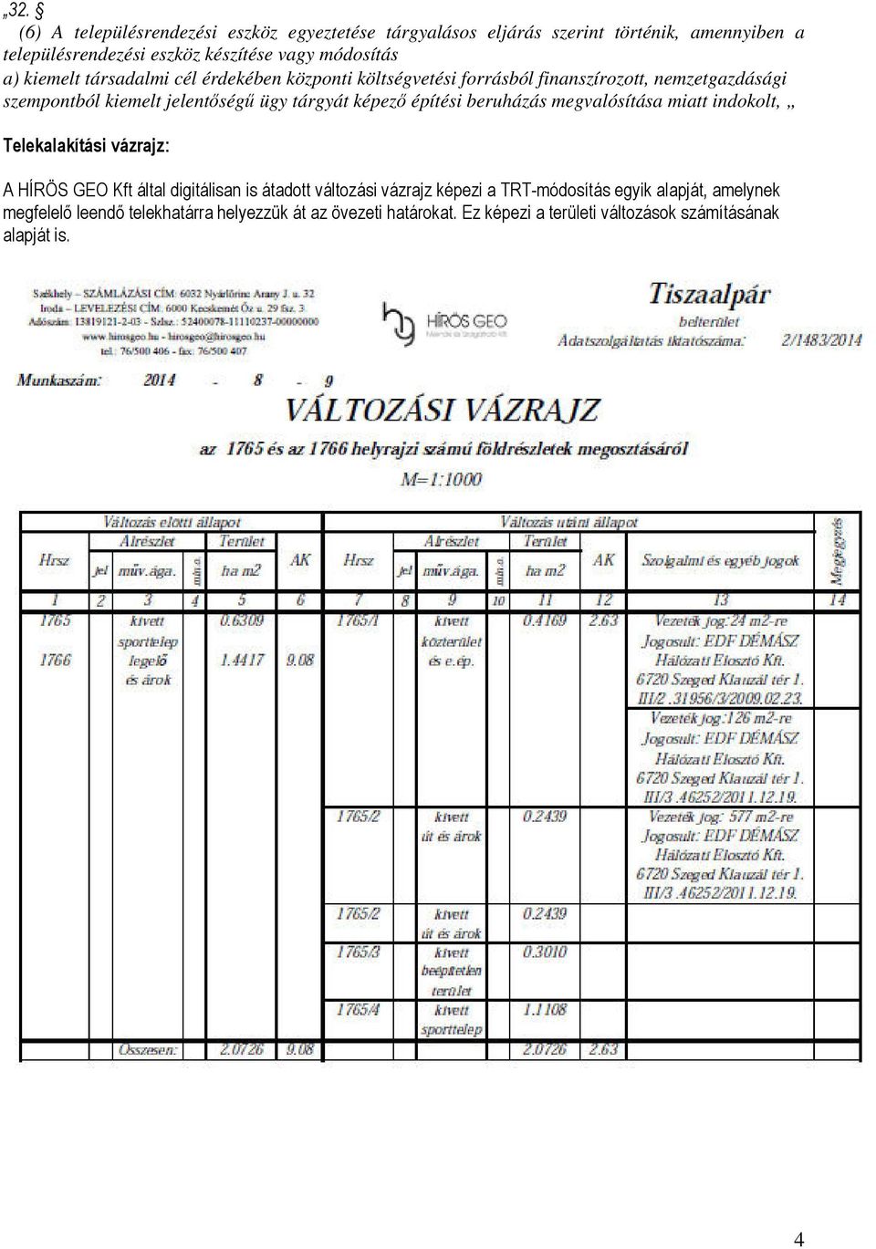 építési beruházás megvalósítása miatt indokolt, Telekalakítási vázrajz: A HÍRÖS GEO Kft által digitálisan is átadott változási vázrajz képezi a
