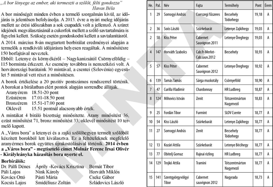 Szükség esetén gondoskodni kellett a savtalanításról. A 2014. március 8-án megtartott borbírálat eredményei alapján a termelők a rendkívüli időjárásra helyesen reagáltak.