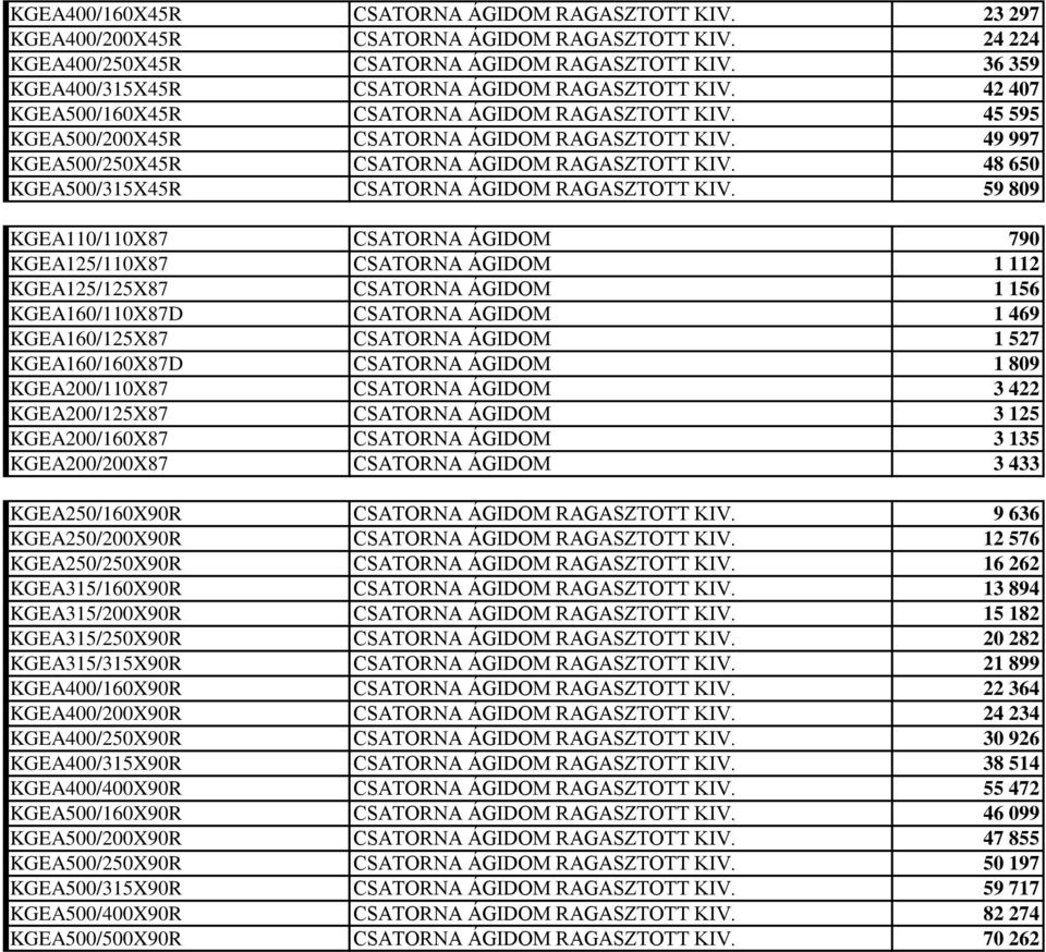 49 997 KGEA500/250X45R CSATORNA ÁGIDOM RAGASZTOTT KIV. 48 650 KGEA500/315X45R CSATORNA ÁGIDOM RAGASZTOTT KIV.