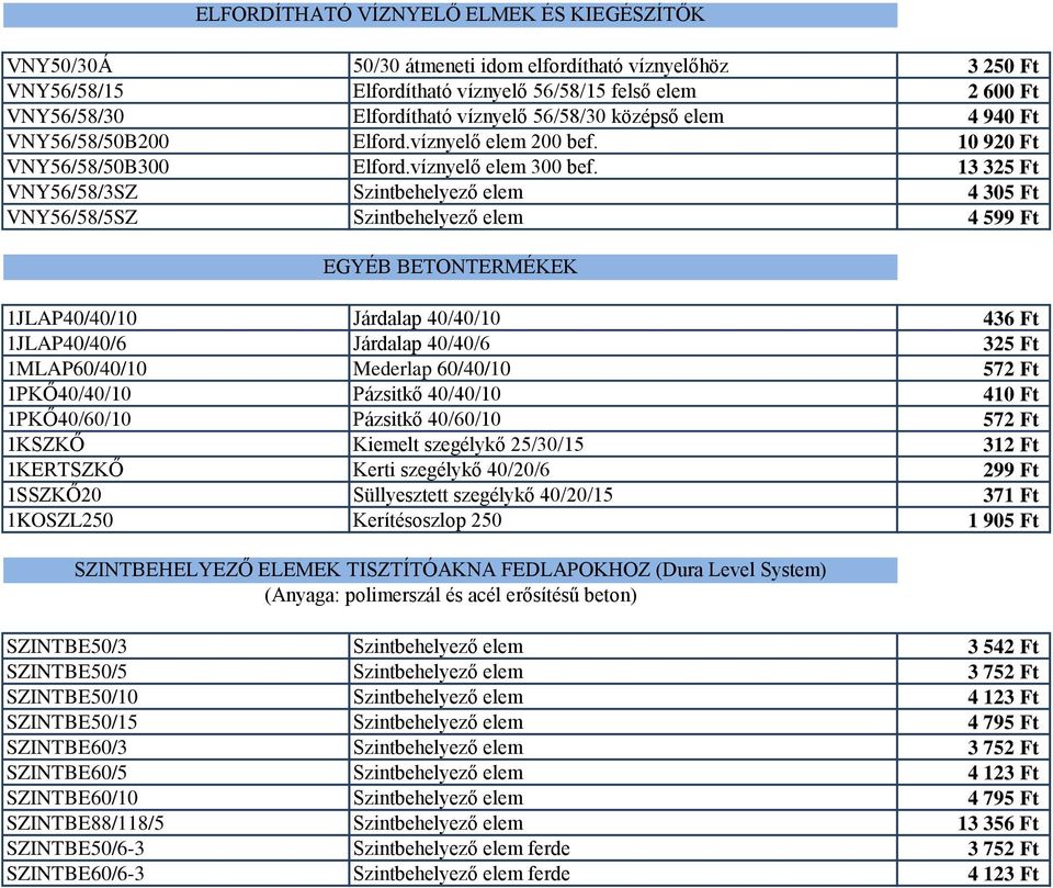 13 325 Ft VNY56/58/3SZ Szintbehelyező elem 4 305 Ft VNY56/58/5SZ Szintbehelyező elem 4 599 Ft EGYÉB BETONTERMÉKEK 1JLAP40/40/10 Járdalap 40/40/10 436 Ft 1JLAP40/40/6 Járdalap 40/40/6 325 Ft