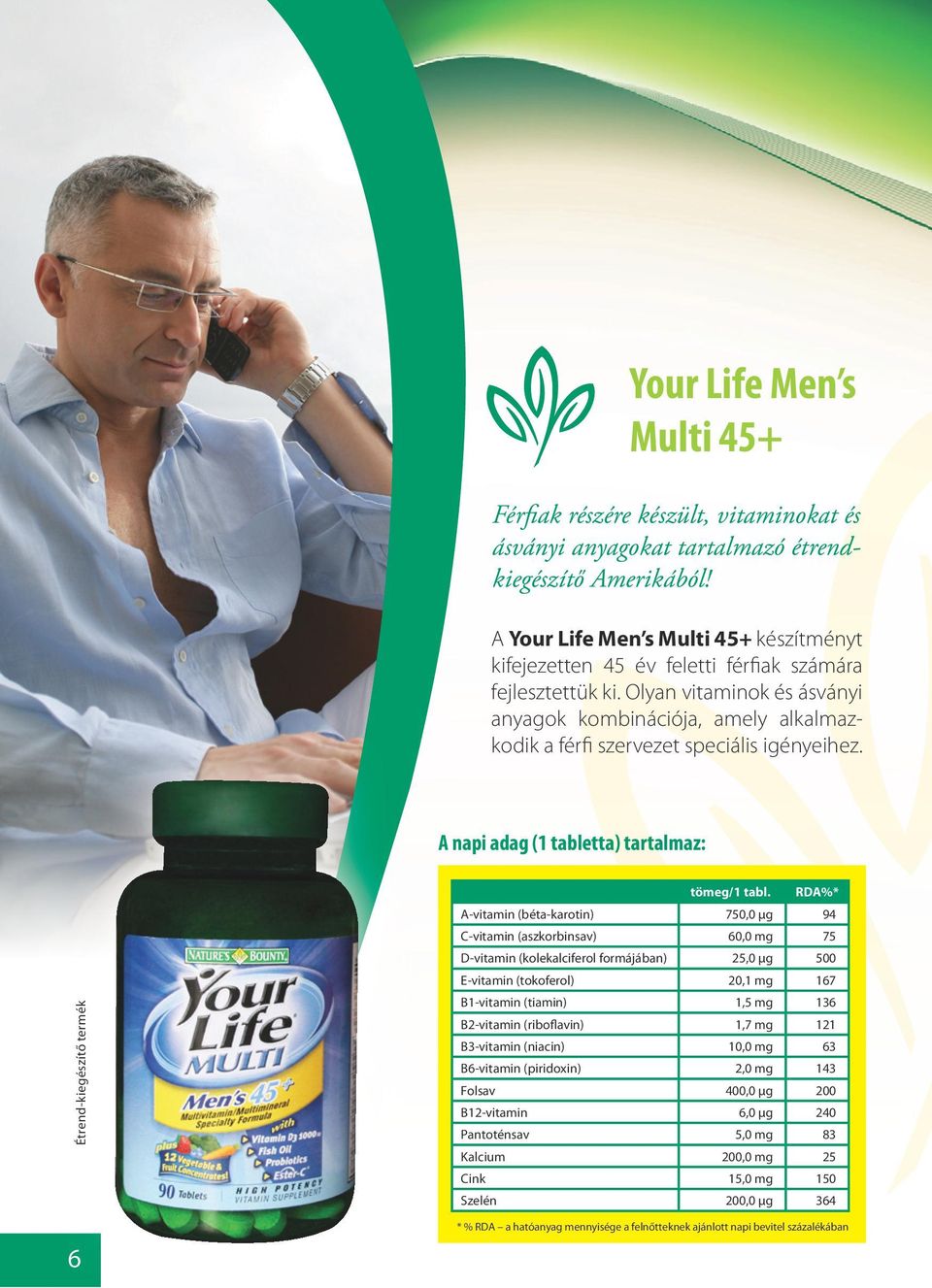 Olyan vitaminok és ásványi anyagok kombinációja, amely alkalmazkodik a férfi szervezet speciális igényeihez. A napi adag (1 tabletta) tartalmaz: 6 tömeg/1 tabl.