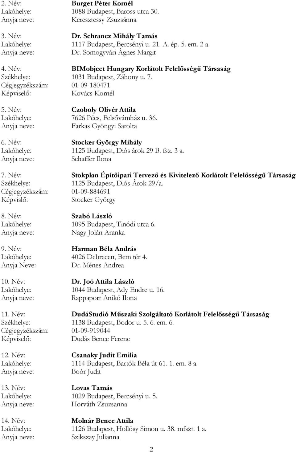Név: Czoboly Olivér Attila Lakóhelye: 7626 Pécs, Felsővámház u. 36. Farkas Gyöngyi Sarolta 6. Név: Stocker György Mihály Lakóhelye: 1125 Budapest, Diós árok 29 B. fsz. 3 a. Schaffer Ilona 7.