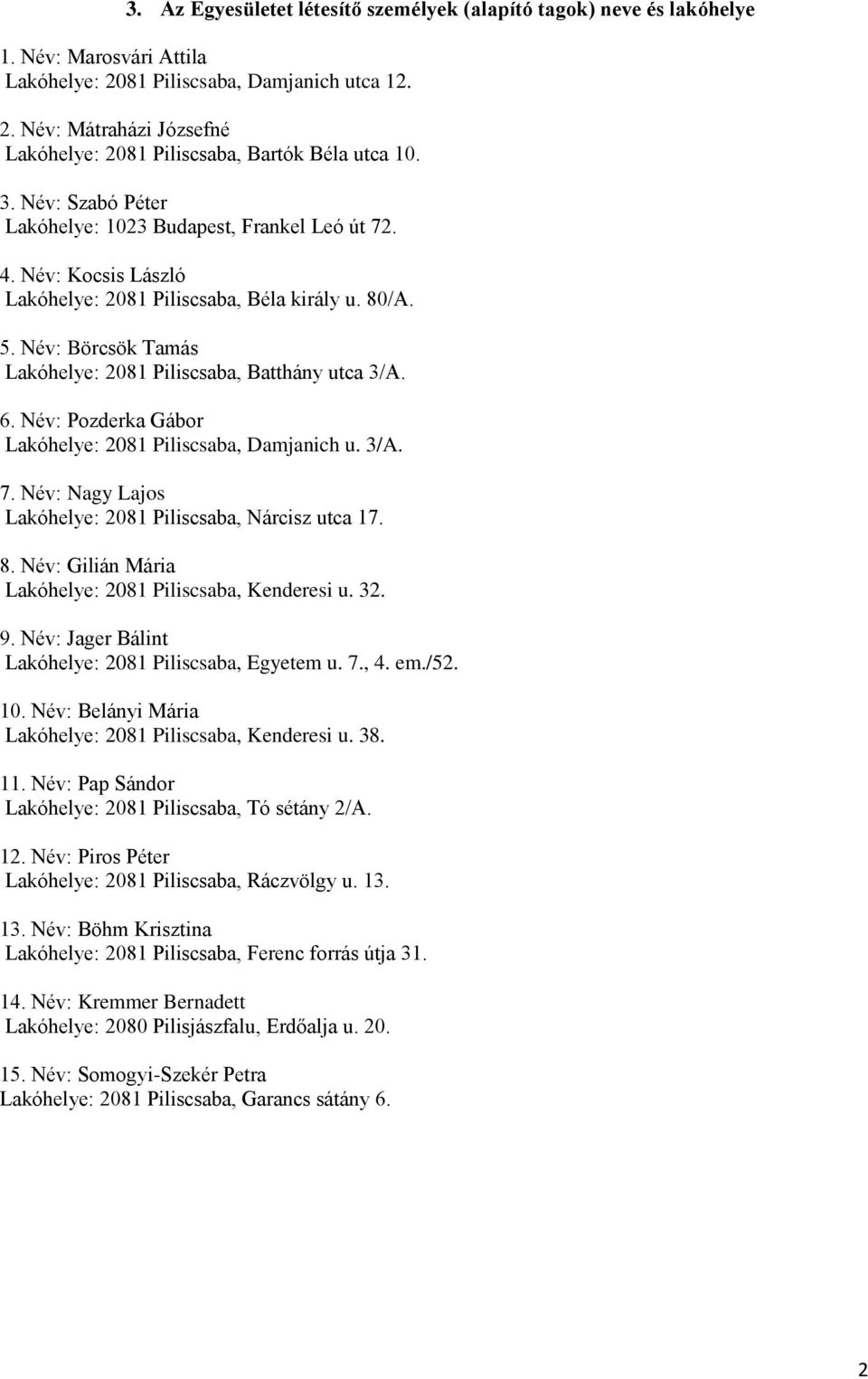 Név: Börcsök Tamás Lakóhelye: 2081 Piliscsaba, Batthány utca 3/A. 6. Név: Pozderka Gábor Lakóhelye: 2081 Piliscsaba, Damjanich u. 3/A. 7. Név: Nagy Lajos Lakóhelye: 2081 Piliscsaba, Nárcisz utca 17.