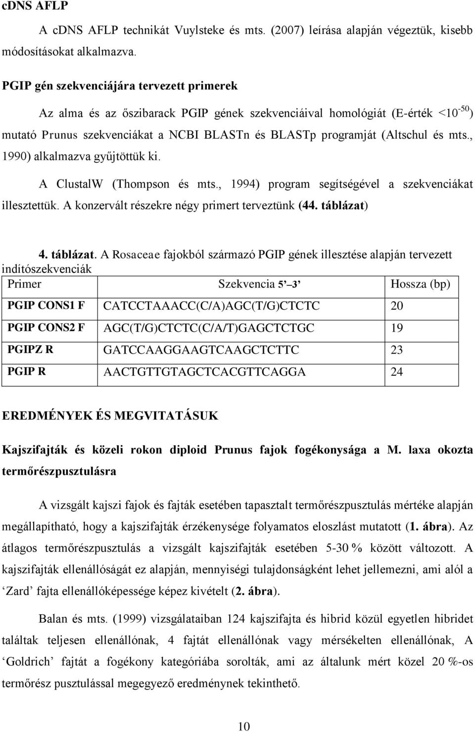 mts., 1990) alkalmazva gyűjtöttük ki. A ClustalW (Thompson és mts., 1994) program segítségével a szekvenciákat illesztettük. A konzervált részekre négy primert terveztünk (44. táblázat)