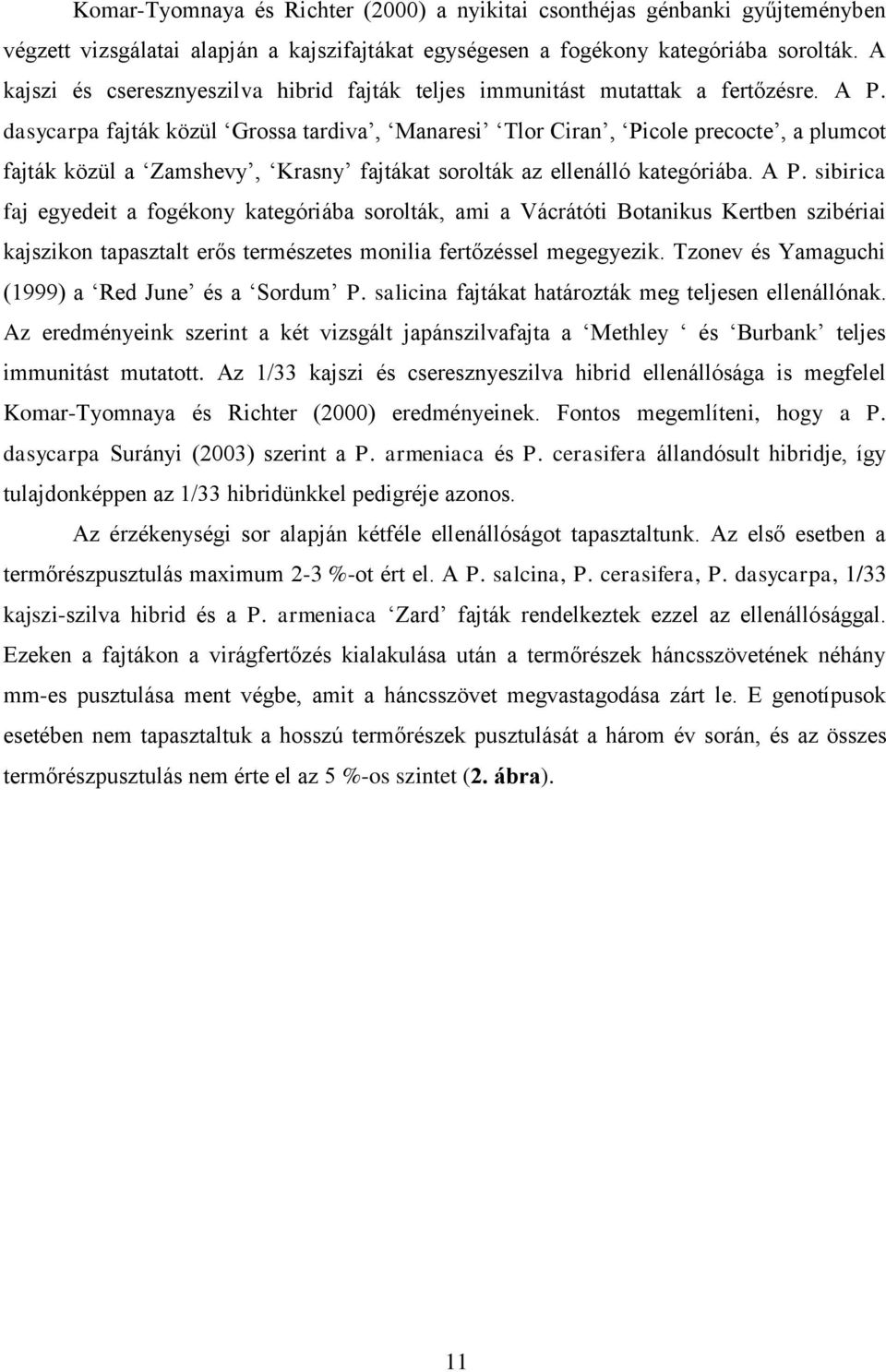 dasycarpa fajták közül Grossa tardiva, Manaresi Tlor Ciran, Picole precocte, a plumcot fajták közül a Zamshevy, Krasny fajtákat sorolták az ellenálló kategóriába. A P.